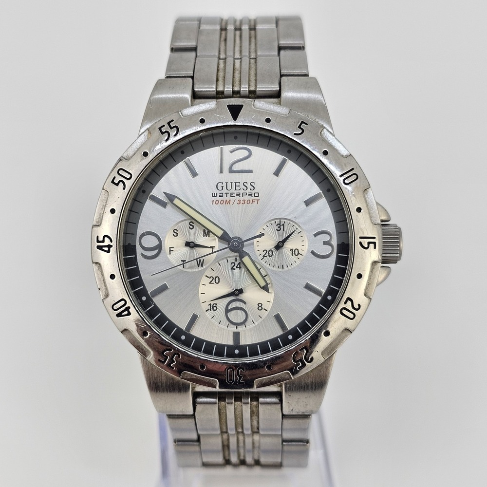 Guess Men's Watch 42MM Gray Dial Date Day‎ Gray Bracelet Band 6.5" New Battery